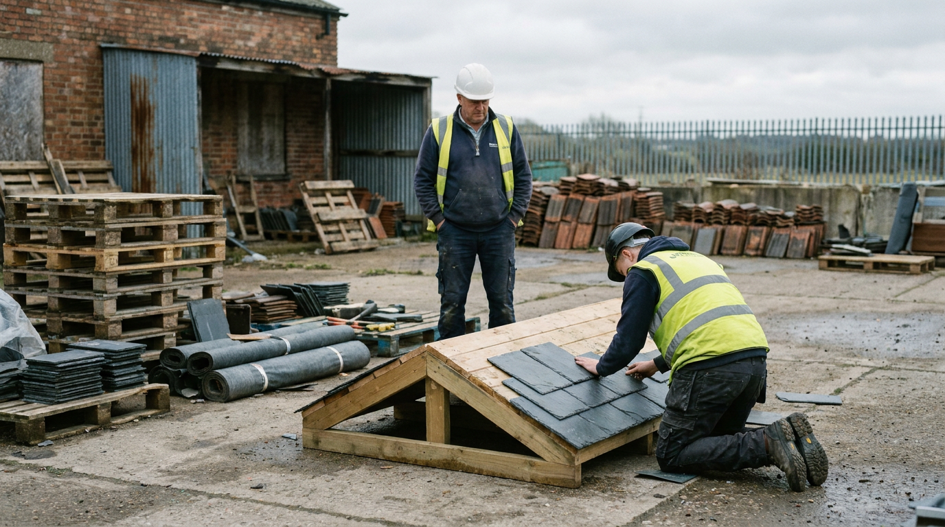 Roofing apprentice laying tiles on a training roof with a supervisor in a yard. — Dalton Roofing