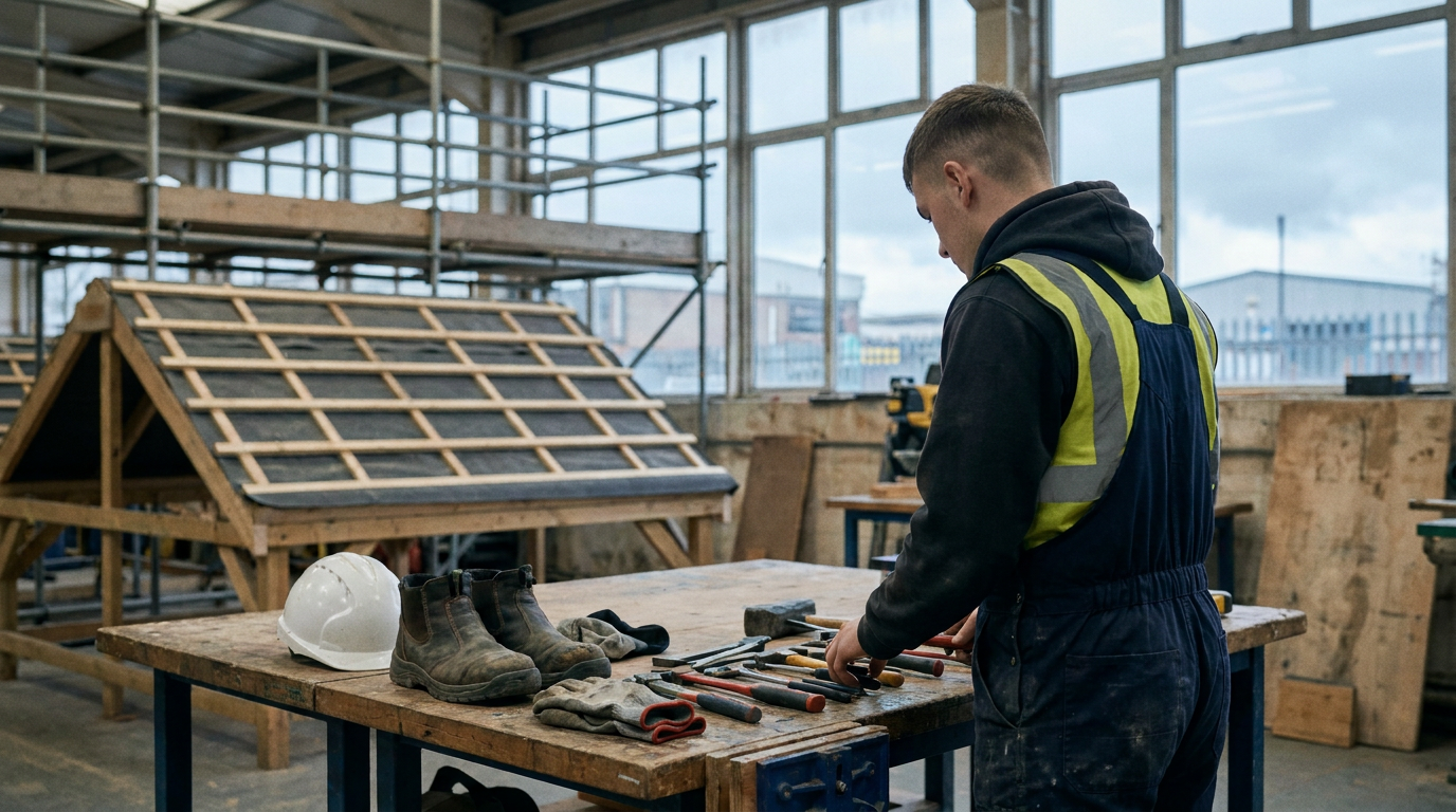 Roofing tools and protective equipment on a workbench beside a college training rig. — Band of Builders