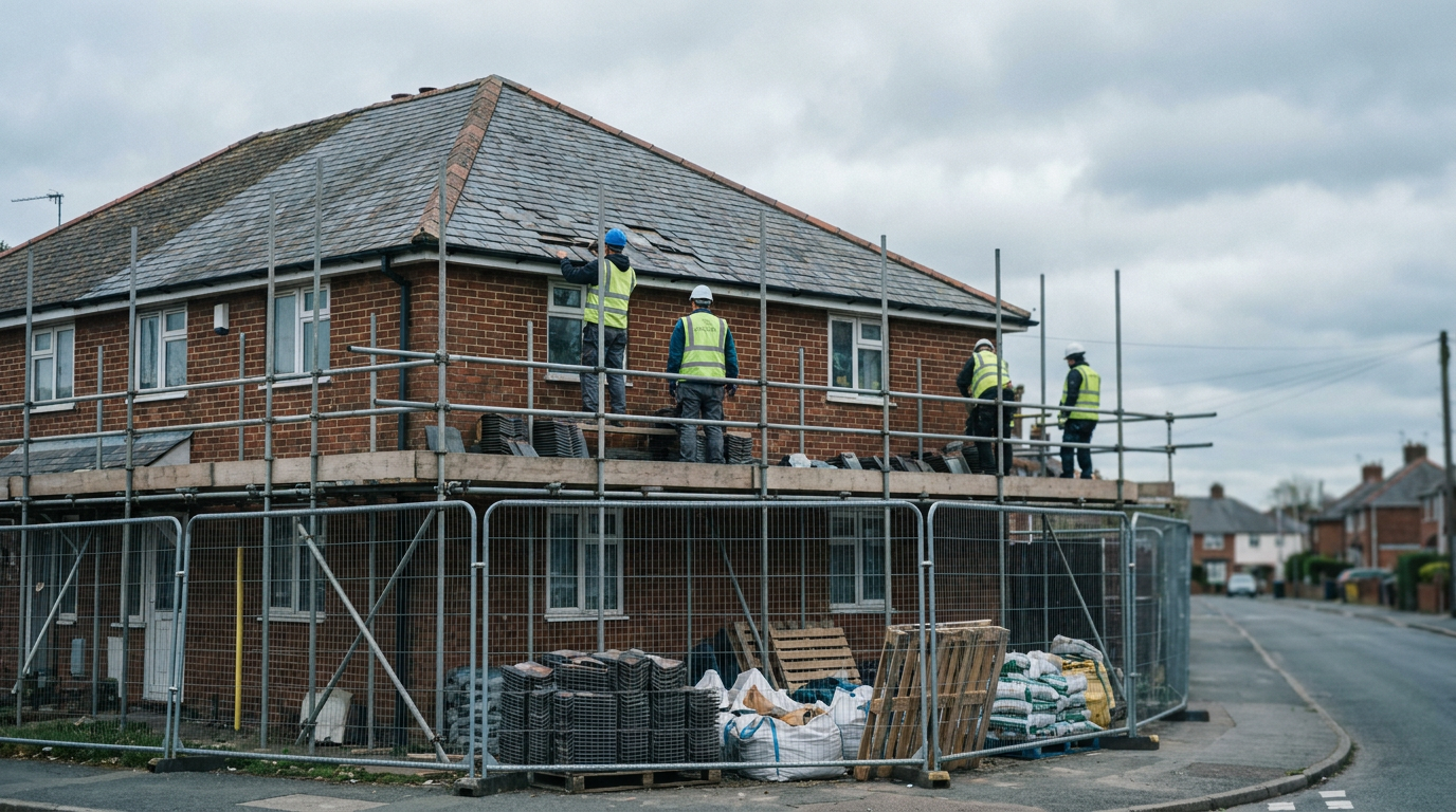 Pitched roofing repairs on a scaffolded residential building with materials stored below. — Cardo Group