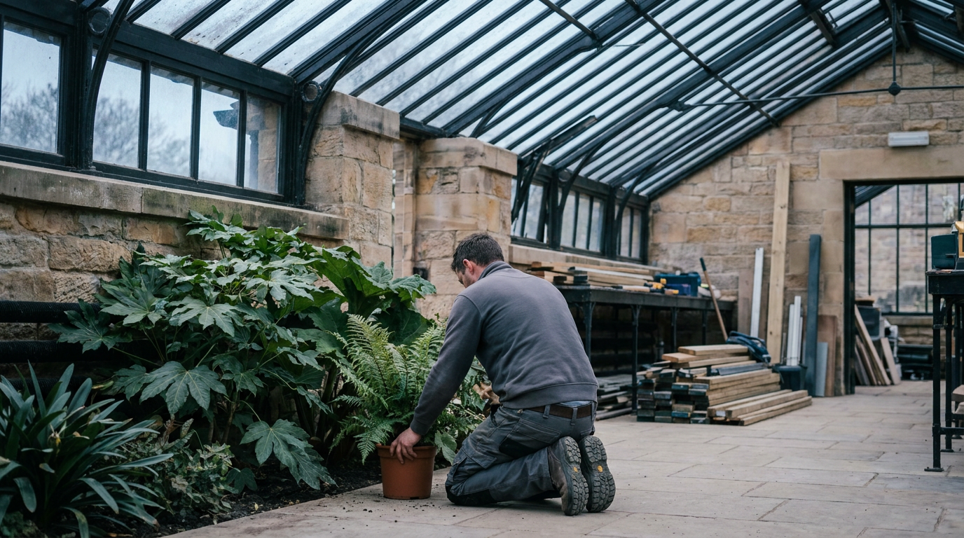 Restored glasshouse glazing above ferns and temperate plants in a historic iron-framed enclosure — Heritage refurbishment