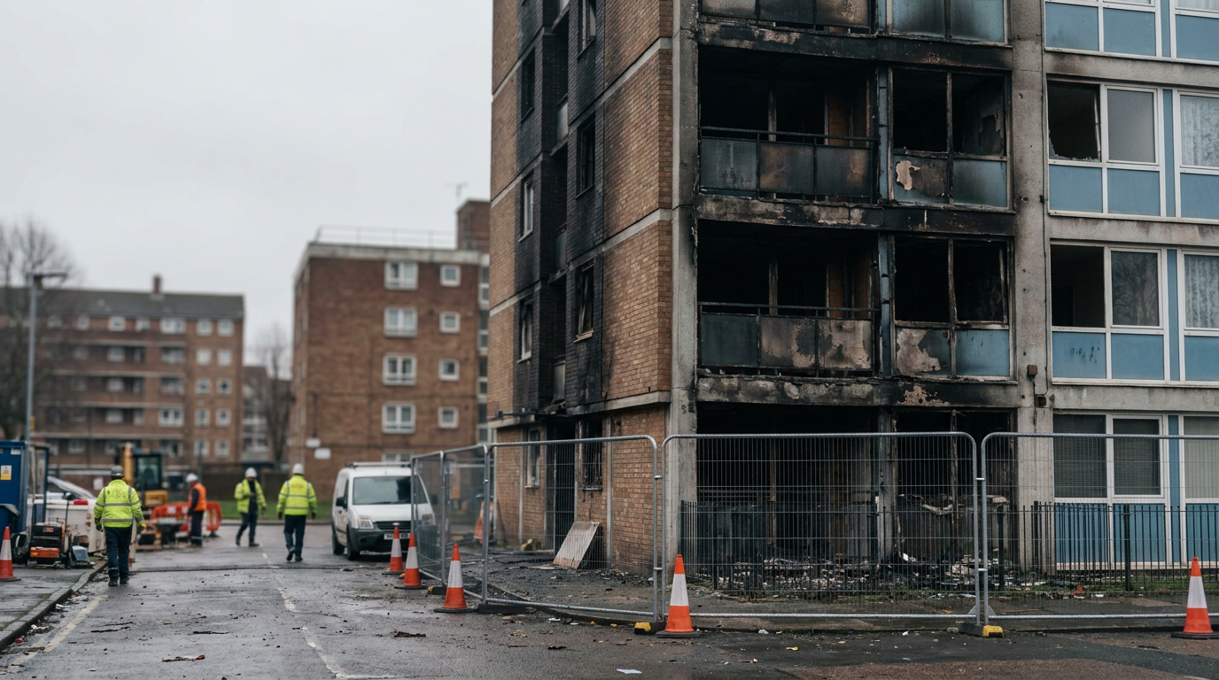 Fire-damaged residential tower with blackened facade panels behind temporary perimeter barriers. — Grenfell Tower