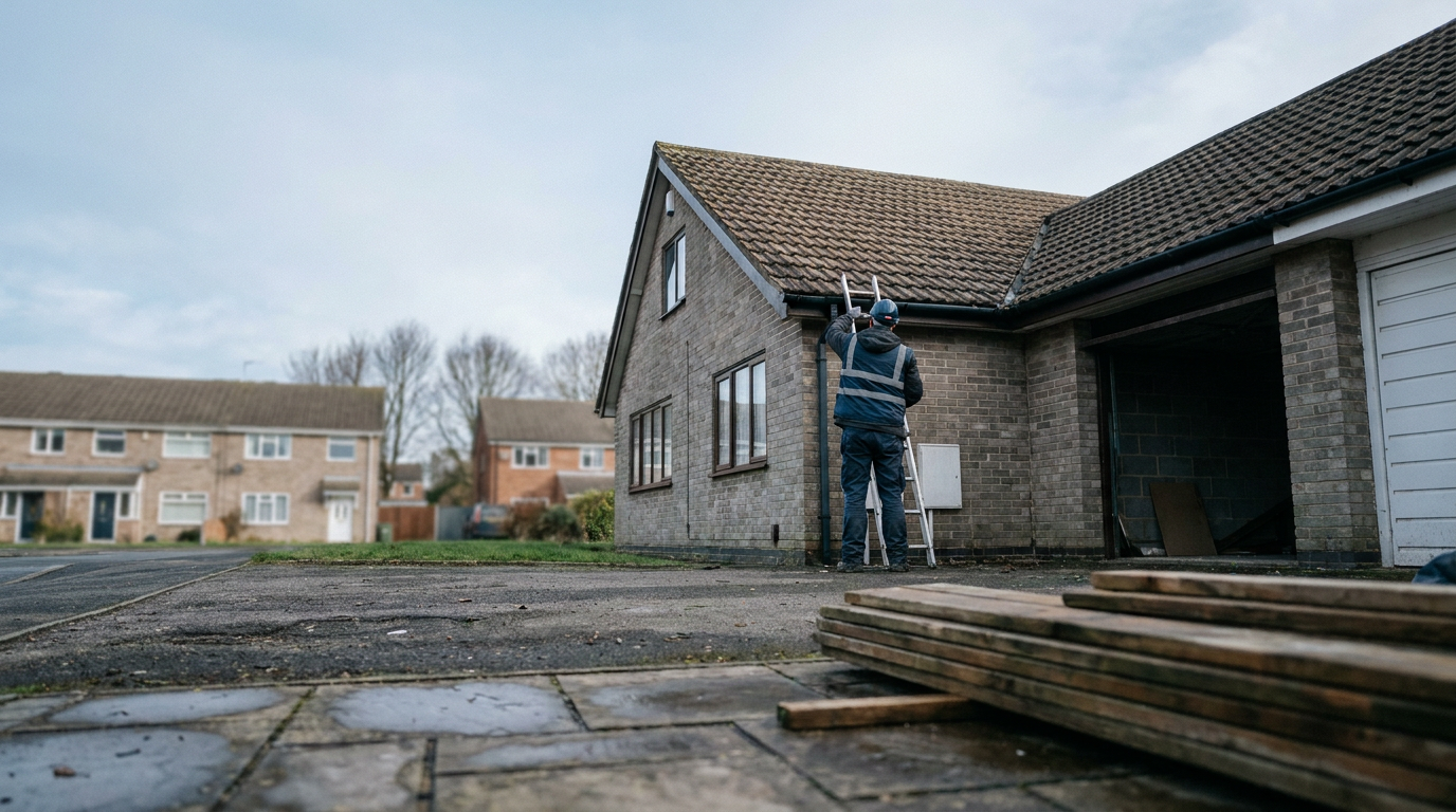 Domestic roofing inspection at a tiled house with an attached garage — Roofing fraud