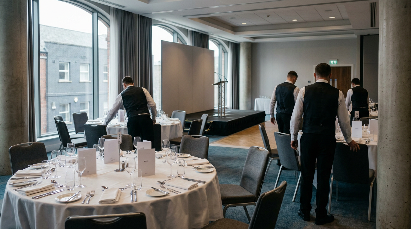 Roofing awards lunch setting with prepared tables and a presentation stage in a hotel — NFRC